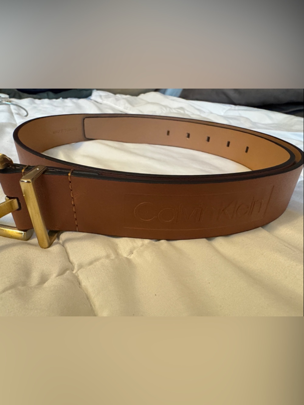 Calvin Klein Men's Tan Leather Belt with Gold Buckle